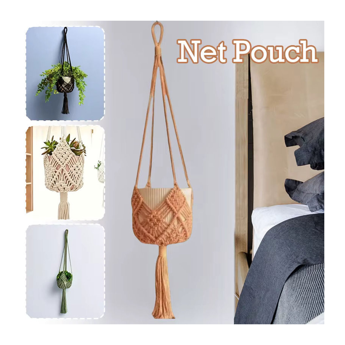 Boho-Pflanzenaufhänger aus Baumwollseil in Beige zum Aufhängen von Sukkulenten für drinnen und draußen - Bild 5