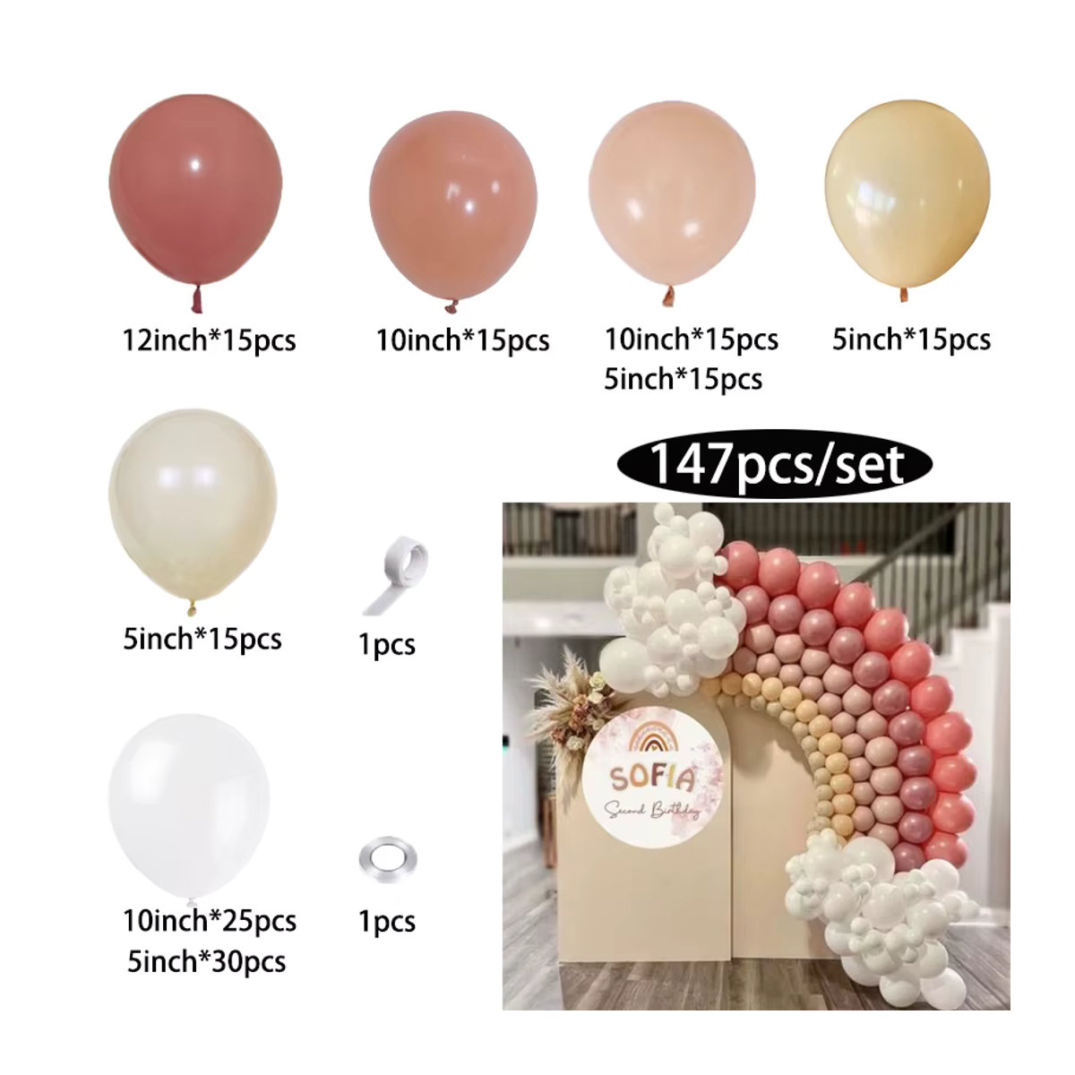 Boho Regenbogen Ballon Girlande Set von joy-enlife in Rosa, Braun und Weiß für Hochzeit, Geburtstag oder Babyparty - Bild 2