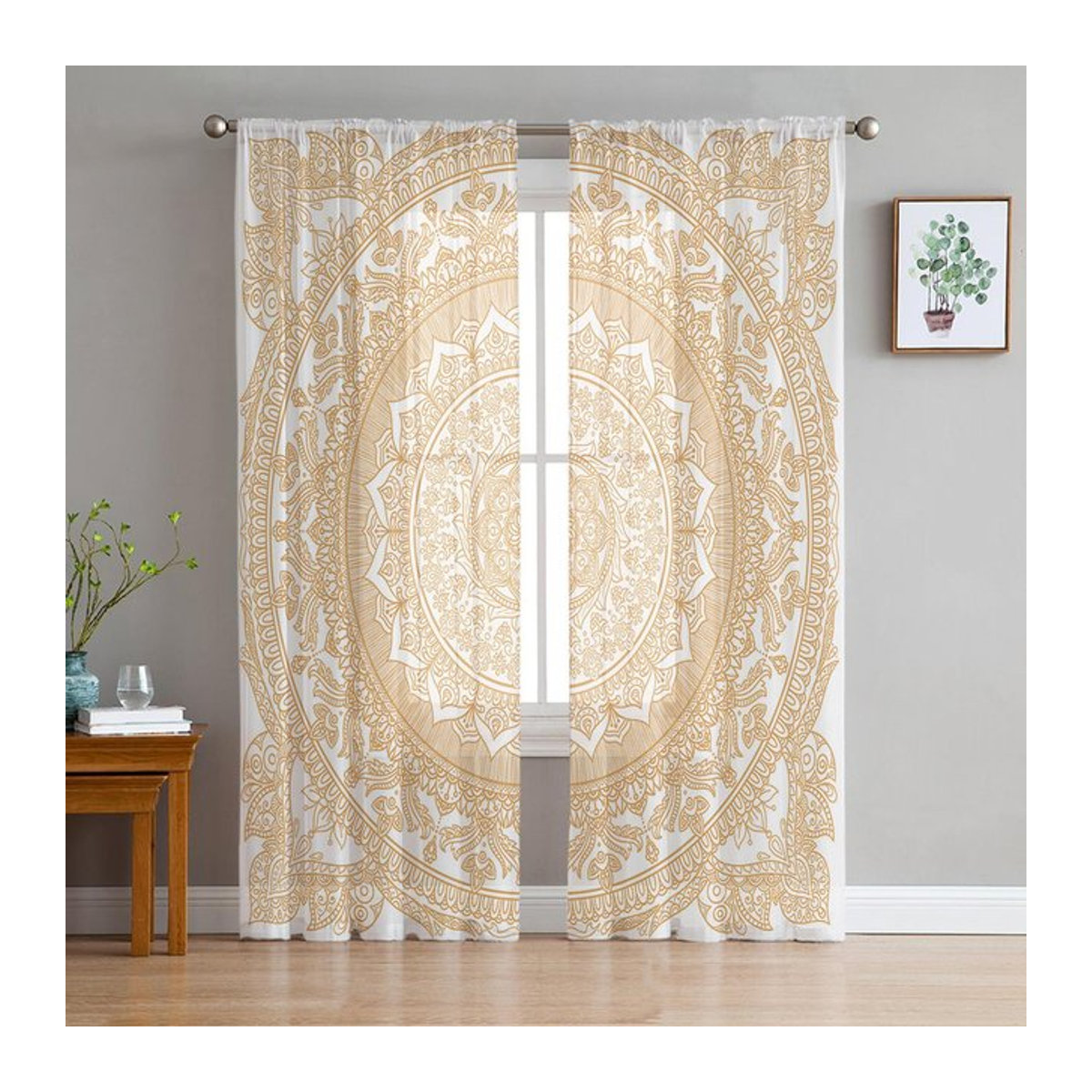 Boho-Vintage-Mandala-Blumen-Fenstervorhänge von A Family Of Home Textiles aus transparentem Chiffon-Tüll in Gold, B: 135 cm, H: 114 cm - Bild 1