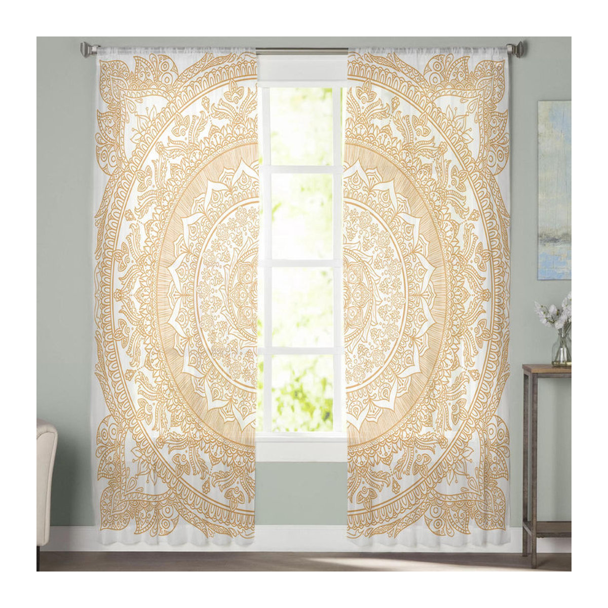 Boho-Vintage-Mandala-Blumen-Fenstervorhänge von A Family Of Home Textiles aus transparentem Chiffon-Tüll in Gold, Breite: 135 cm, Höhe: 160 cm - Bild 2
