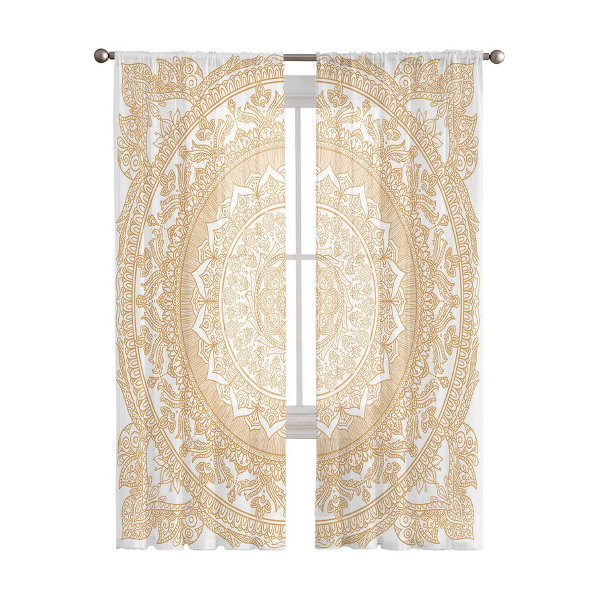 Boho-Vintage-Mandala-Blumen-Fenstervorhänge von A Family Of Home Textiles aus transparentem Chiffon-Tüll in Gold, Breite: 135 cm, Höhe: 160 cm - Bild 3