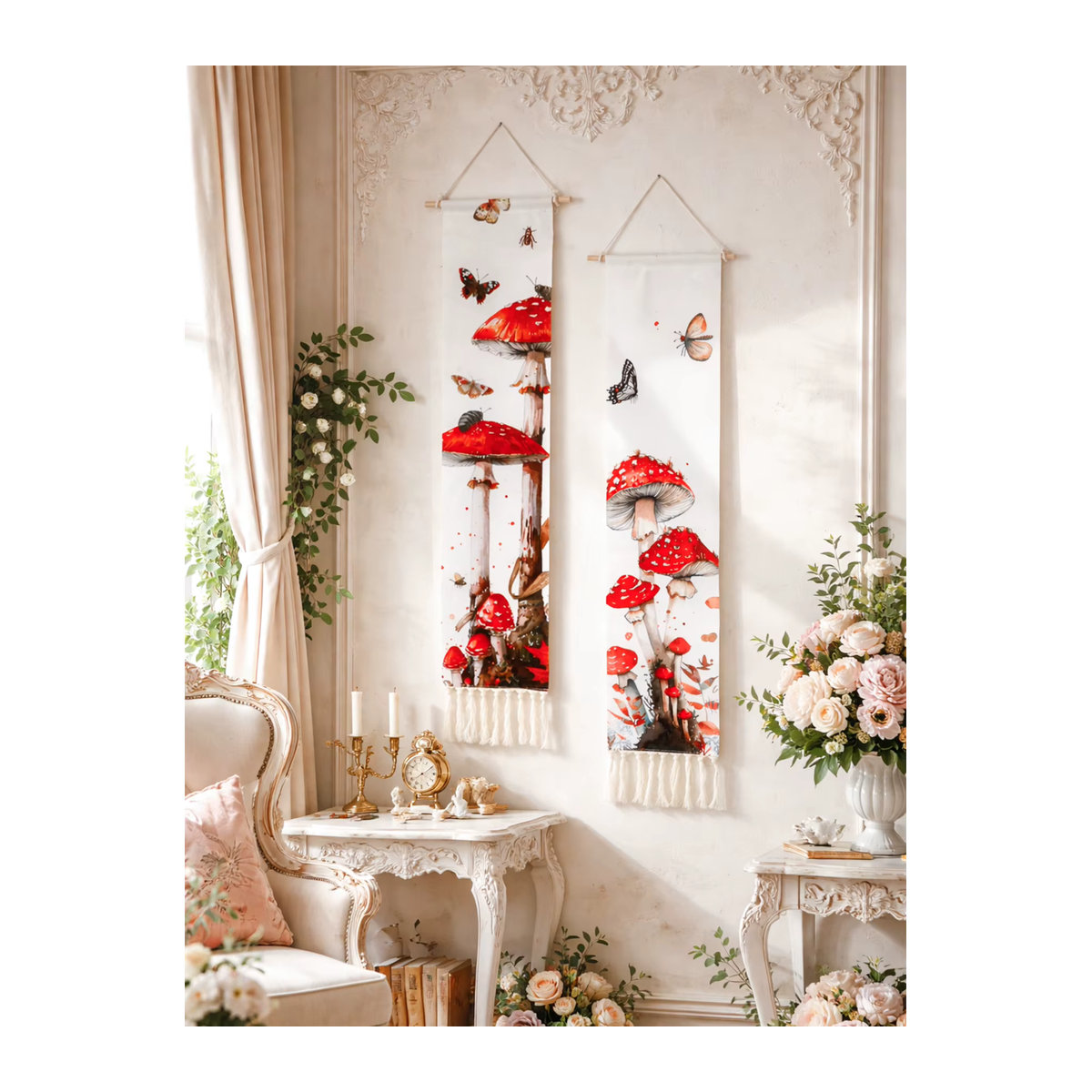 Boho Wandbehang aus Baumwolle mit rotem Pilz Motiv, Schmetterlingen und Insekten in Rot und Weiß - Bild 3