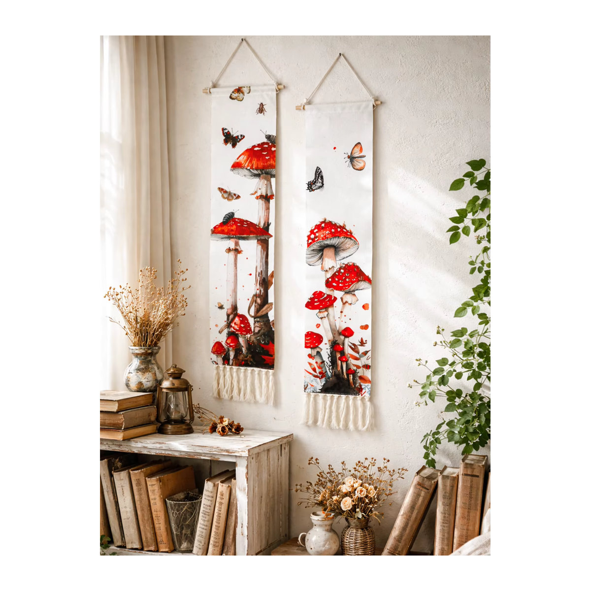 Boho Wandbehang aus Baumwolle mit rotem Pilz Motiv, Schmetterlingen und Insekten in Rot und Weiß - Bild 4