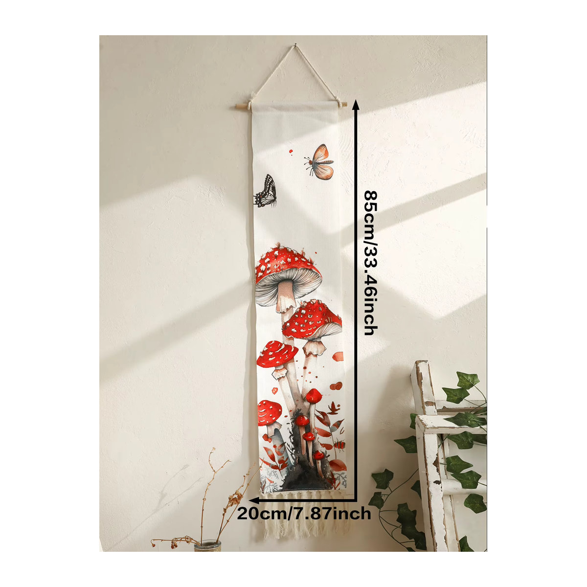 Boho Wandbehang aus Baumwolle mit rotem Pilz Motiv, Schmetterlingen und Insekten in Rot und Weiß - Bild 6
