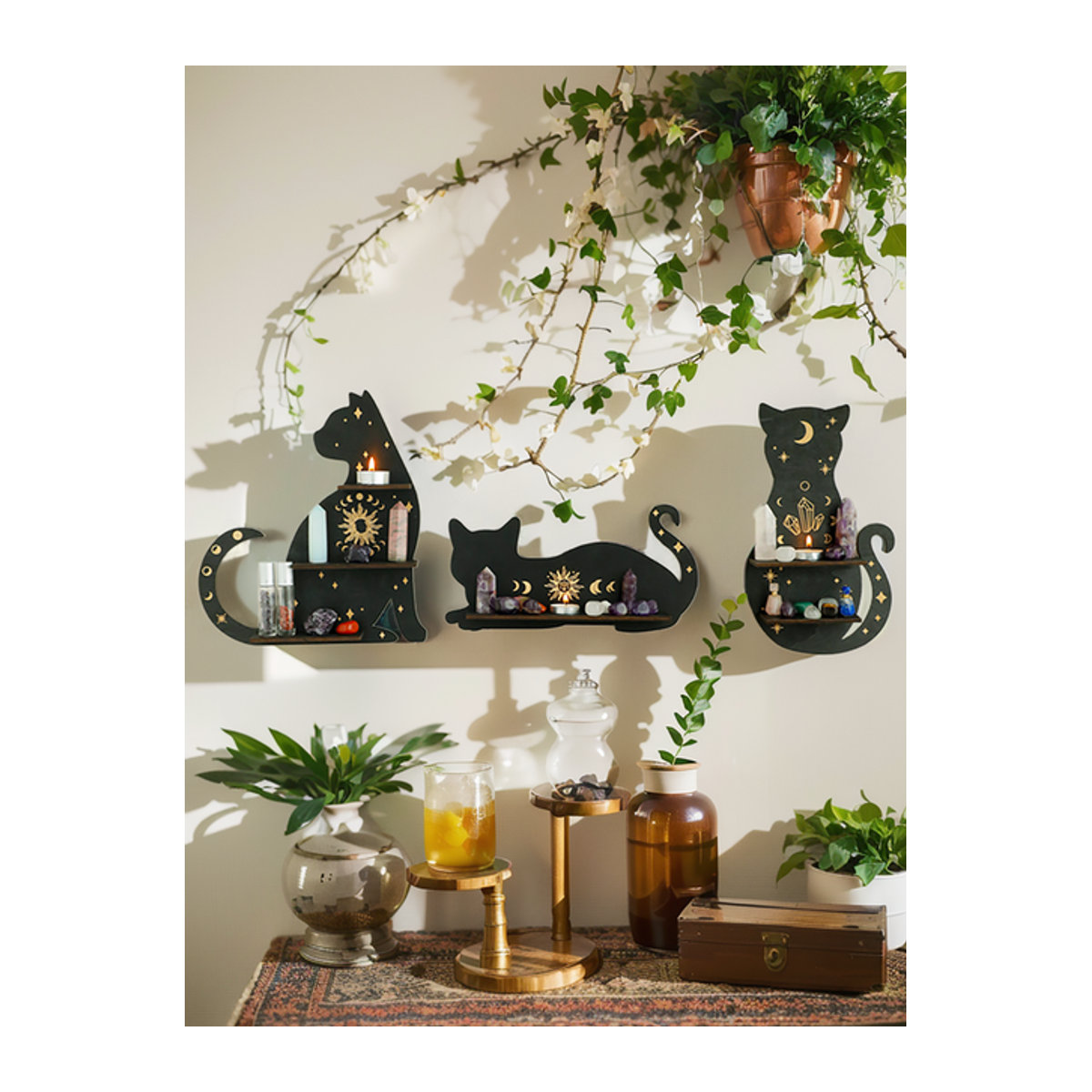 Boho Wandregal aus Holz mit Sonne Mond Stern und schwarzer Katze als dekoratives Display für deine Wohnung - Bild 1