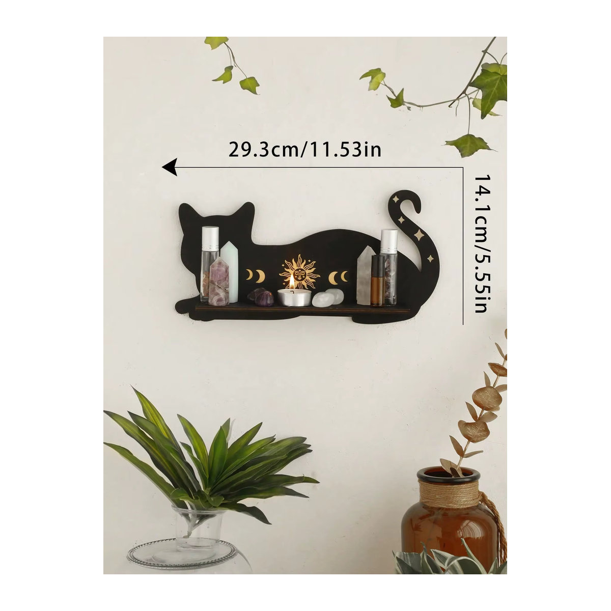 Boho Wandregal aus Holz mit Sonne Mond Stern und schwarzer Katze als dekoratives Display für deine Wohnung - Bild 3