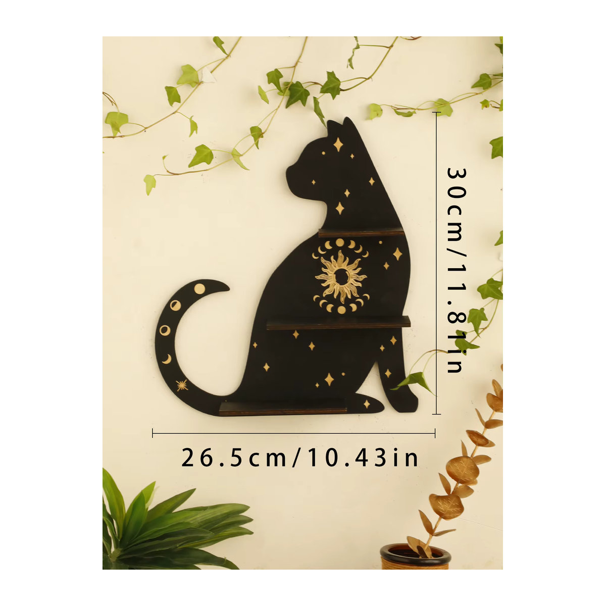 Boho Wandregal aus Holz mit Sonne Mond Stern und schwarzer Katze als dekoratives Display für deine Wohnung - Bild 4