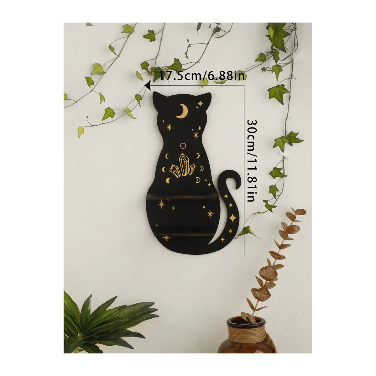Boho Wandregal aus Holz mit Sonne Mond Stern und schwarzer Katze als dekoratives Display für deine Wohnung - Bild 5