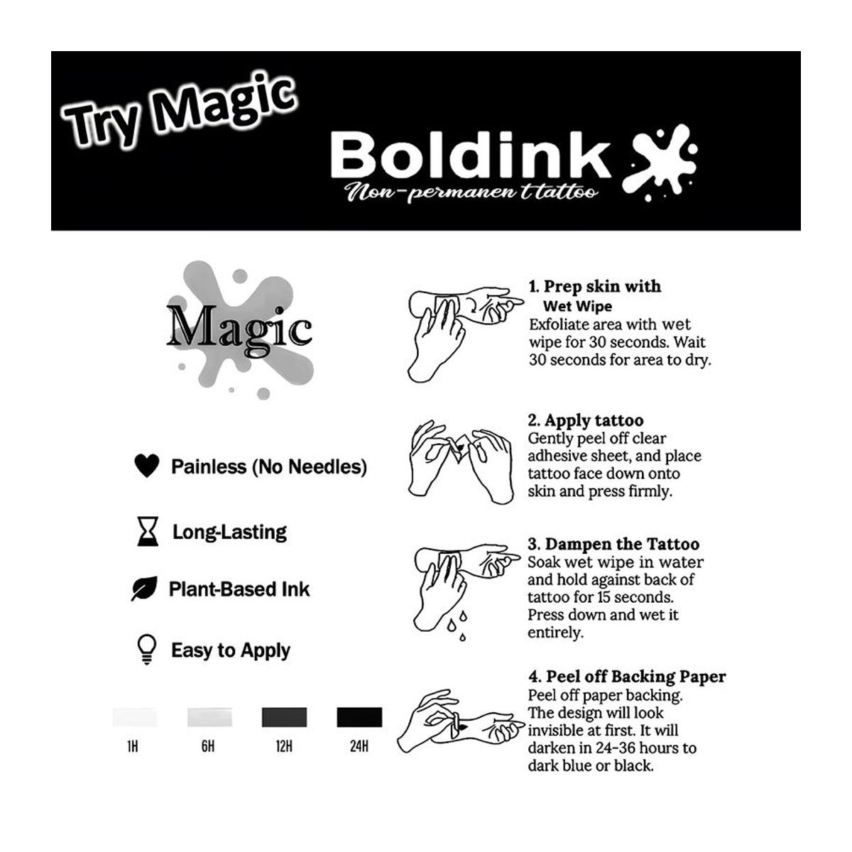 Boldink Tattoo-Aufkleber Set mit 12 handgeschriebenen Manifest-Designs in Schwarz, wasserfest und temporär - Bild 5