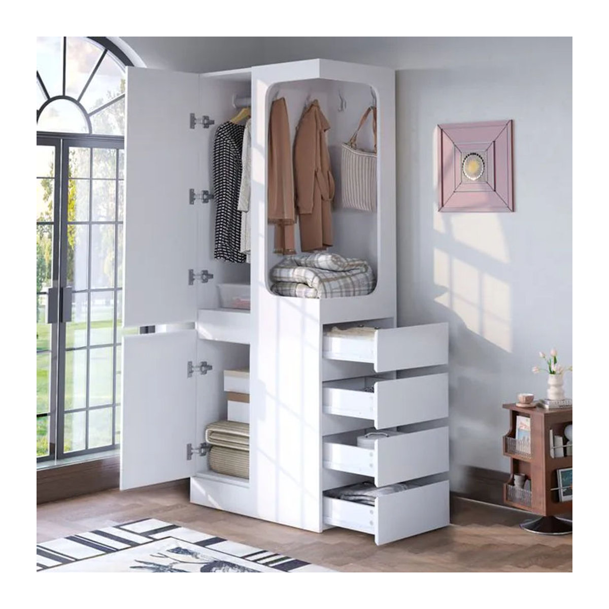 BOMP Moderner offener Kleiderschrank mit einer Tür, Schubladen und Fächern in Natur und Weiß, H x B x T: 170 x 70 x 40 cm - Bild 1
