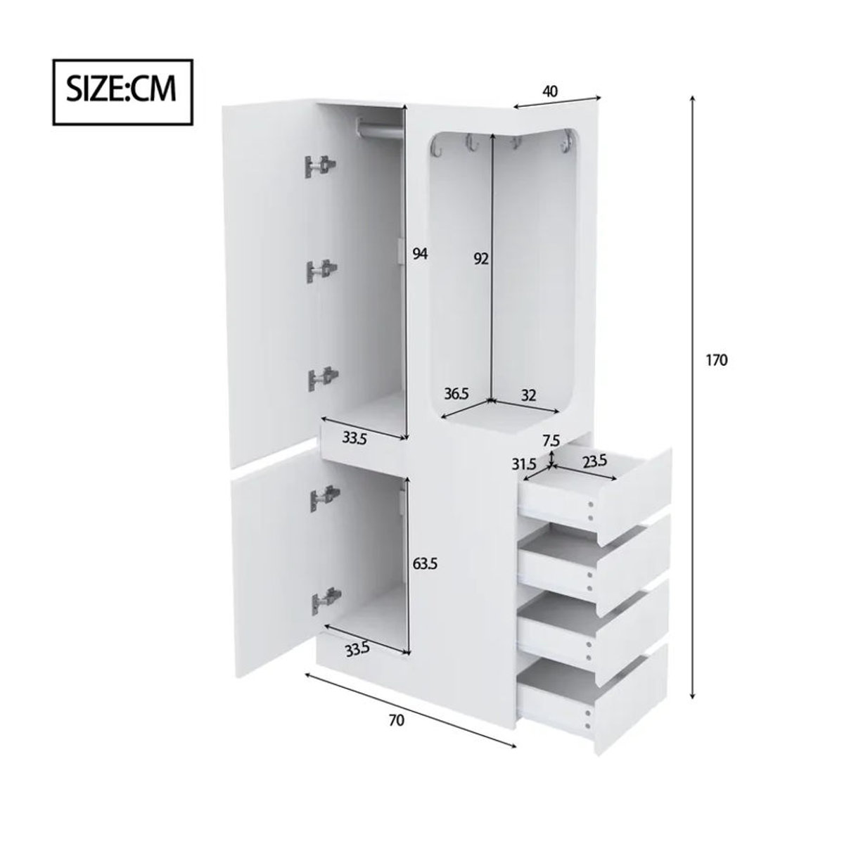 BOMP Moderner offener Kleiderschrank mit einer Tür, Schubladen und Fächern in Natur und Weiß, H x B x T: 170 x 70 x 40 cm - Bild 2