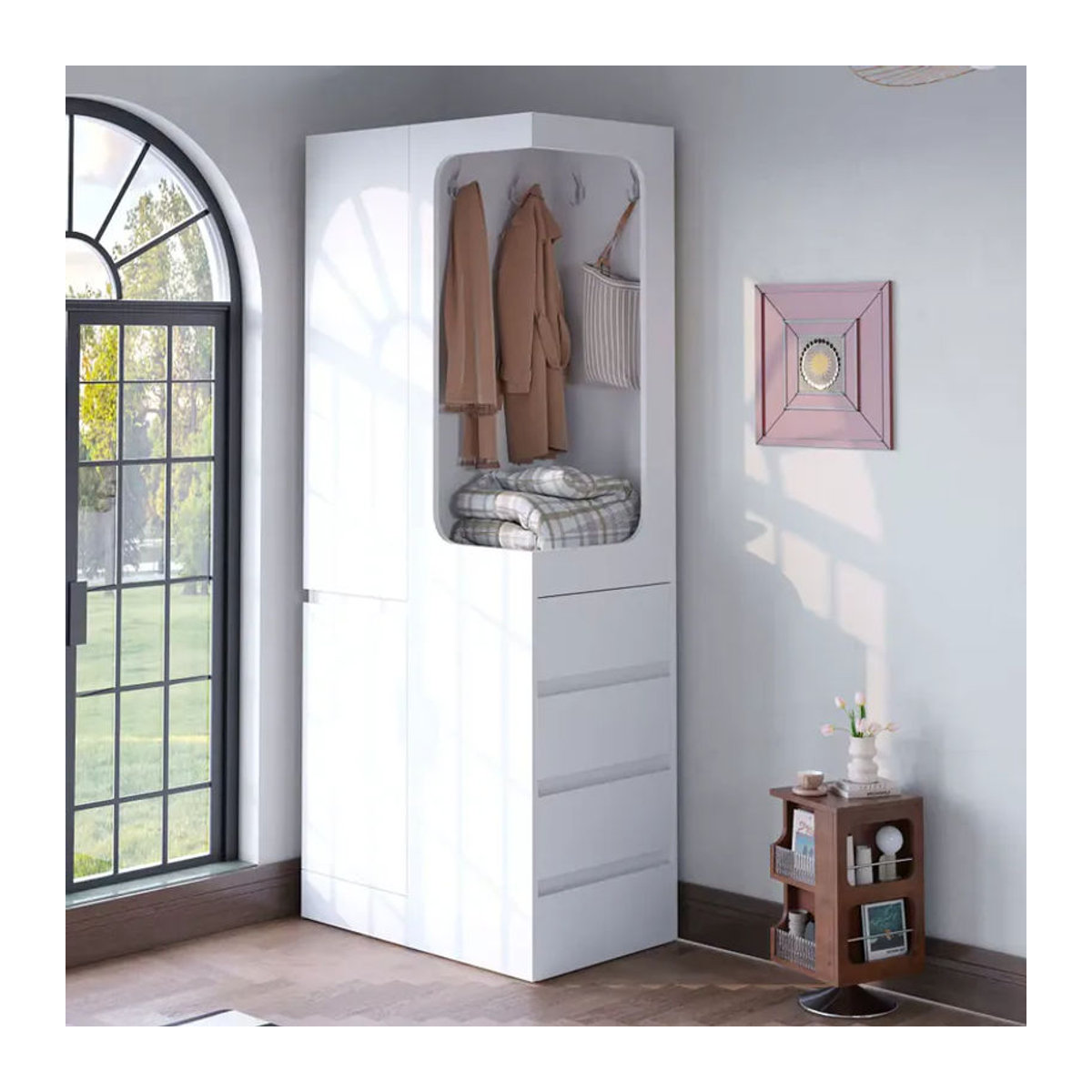 BOMP Moderner offener Kleiderschrank mit einer Tür, Schubladen und Fächern in Natur und Weiß, H x B x T: 170 x 70 x 40 cm - Bild 3