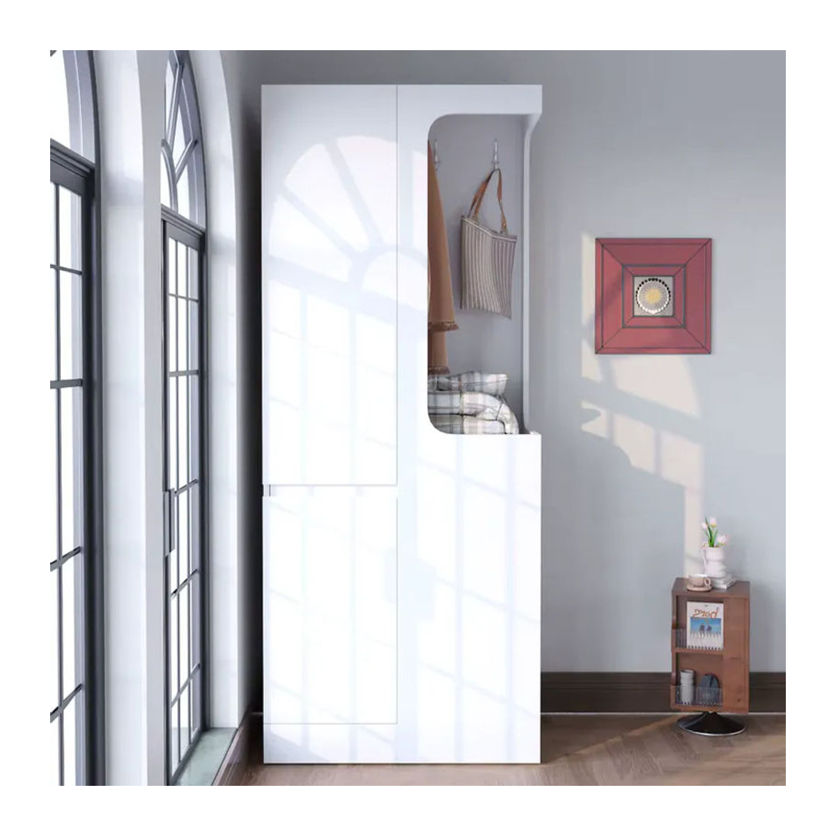 BOMP Moderner offener Kleiderschrank mit einer Tür, Schubladen und Fächern in Natur und Weiß, H x B x T: 170 x 70 x 40 cm - Bild 4