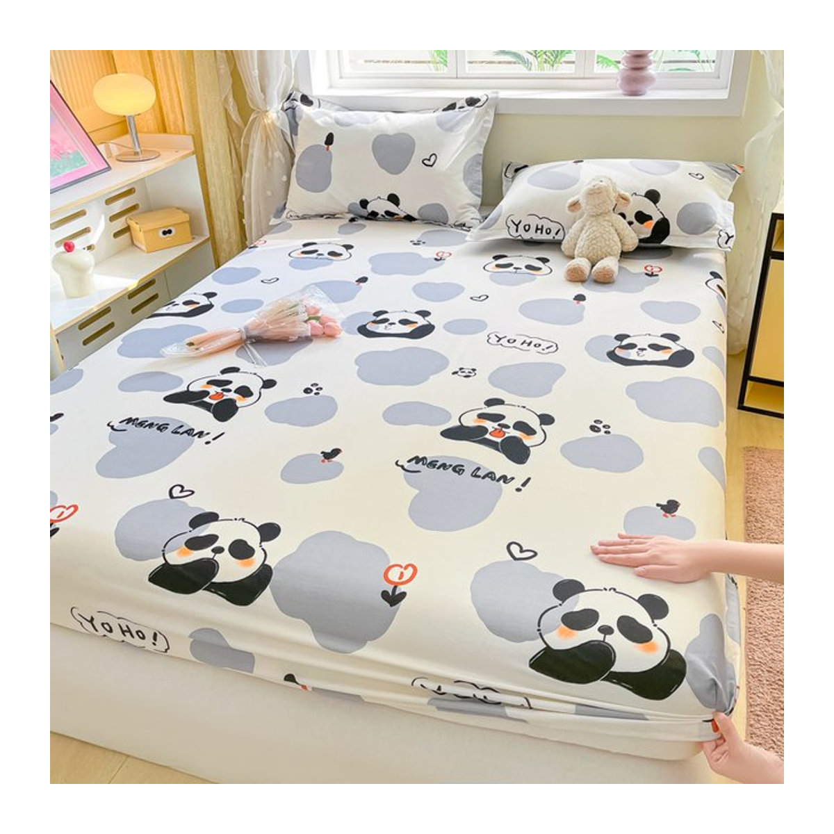 Bonenjoy Spannbettlaken aus 100% Baumwolle für Kinder mit Panda-Print in Weiß - Bild 1