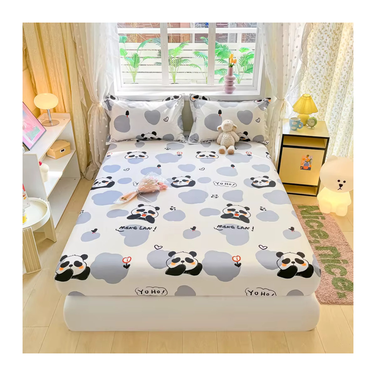 Bonenjoy Spannbettlaken aus 100% Baumwolle für Kinder mit Panda-Print in Weiß - Bild 2