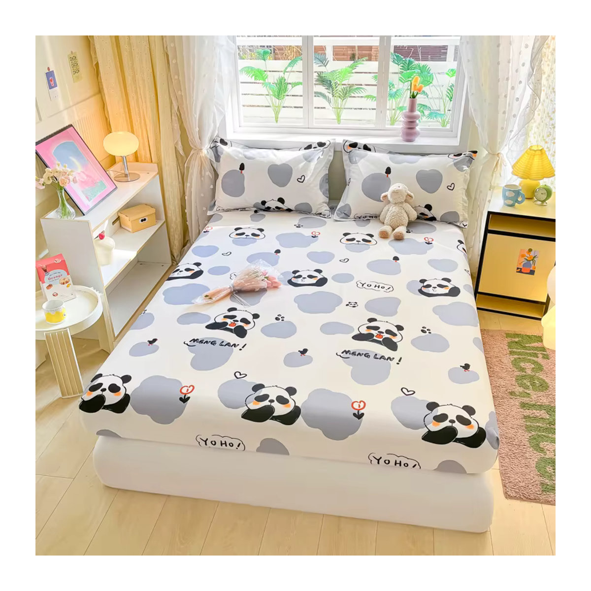 Bonenjoy Spannbettlaken aus 100% Baumwolle für Kinder mit Panda-Print in Weiß - Bild 3