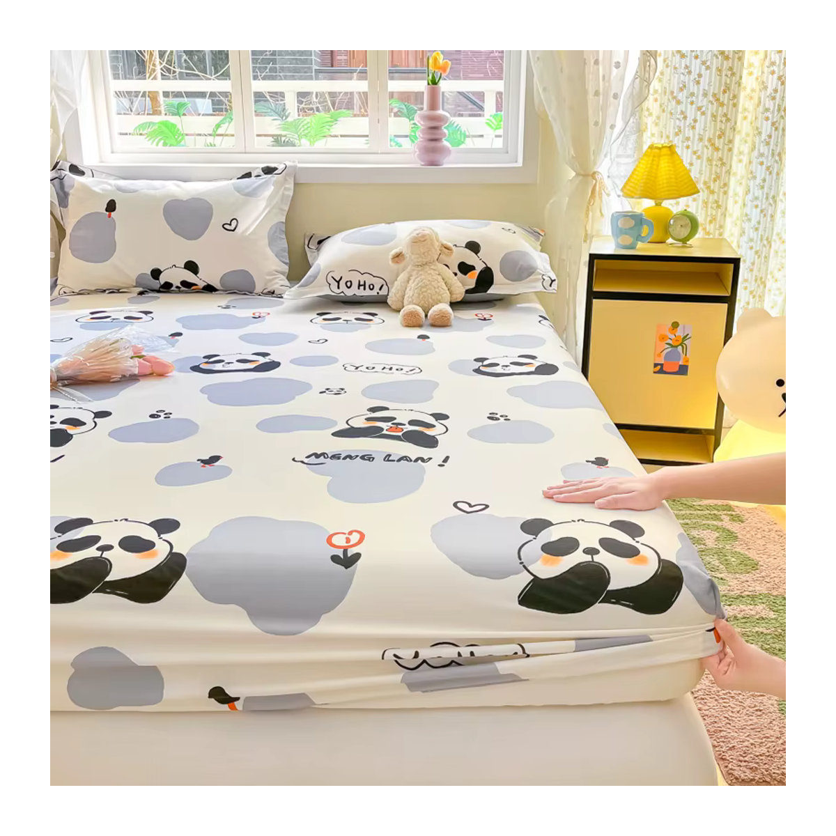 Bonenjoy Spannbettlaken aus 100% Baumwolle für Kinder mit Panda-Print in Weiß - Bild 4
