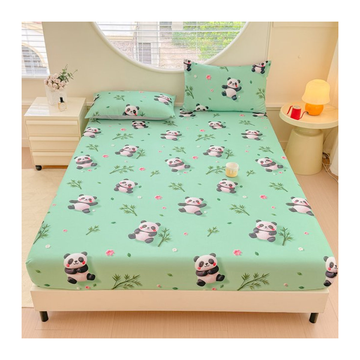 Bonenjoy Spannbettlaken mit Panda-Aufdruck in Grün für Queen- und King-Size Betten - Bild 1