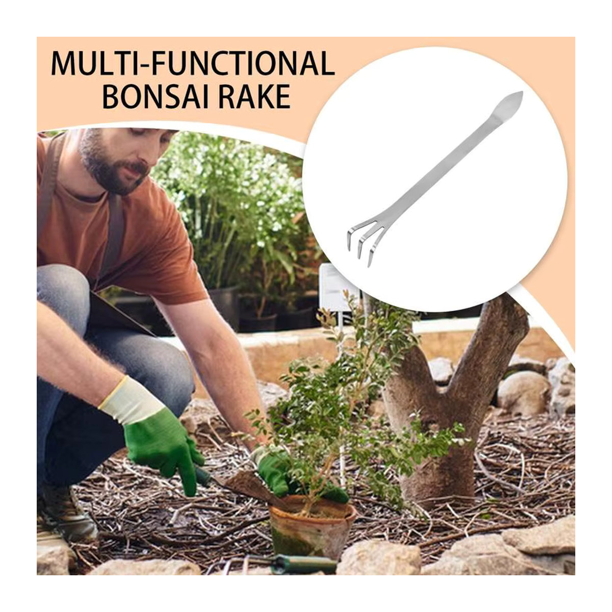 Bonsai-Rechen aus Edelstahl mit ergonomischem Griff und Doppelkopf als multifunktionales Bodenlockerwerkzeug für deinen Garten - Bild 5