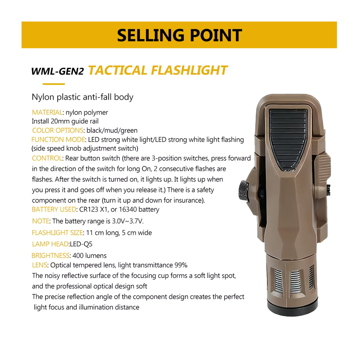 BOOIU Taktische Taschenlampe WML-G2 aus Nylon und Metall mit Strobe-LED-Licht für Airsoft, Outdoor und Jagd, wasserdicht - Bild 5