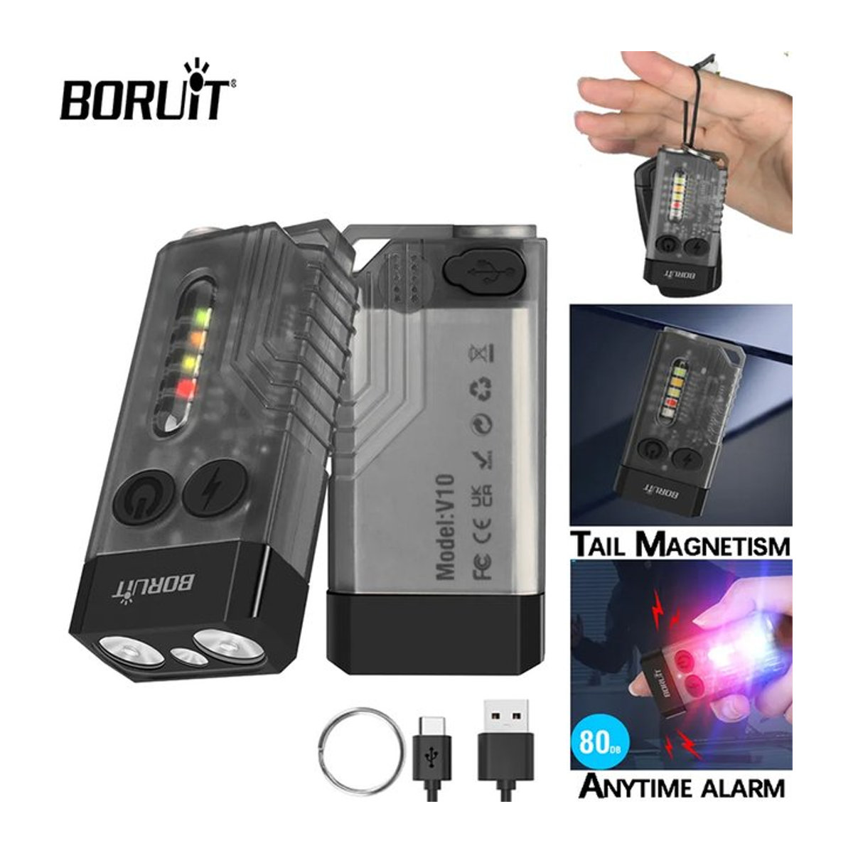 Boruit V10 EDC Schlüsselbund Taschenlampe mit USB-C wiederaufladbarem Akku, Magnet und UV-Licht, minimalistisches Design - Bild 1