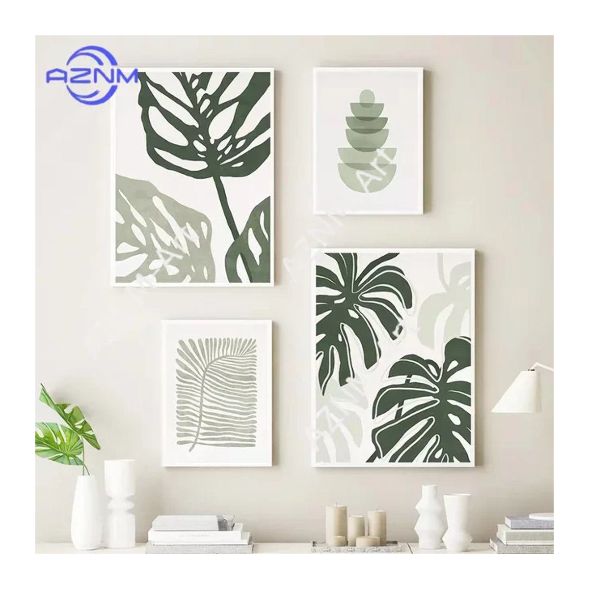 Botanische Leinwanddrucke mit tropischen Monstera- und Palmenblättern in Grün, Rahmenlose Wandbilder im Hochformat für dein Wohnzimmer oder Schlafzimmer - Bild 1