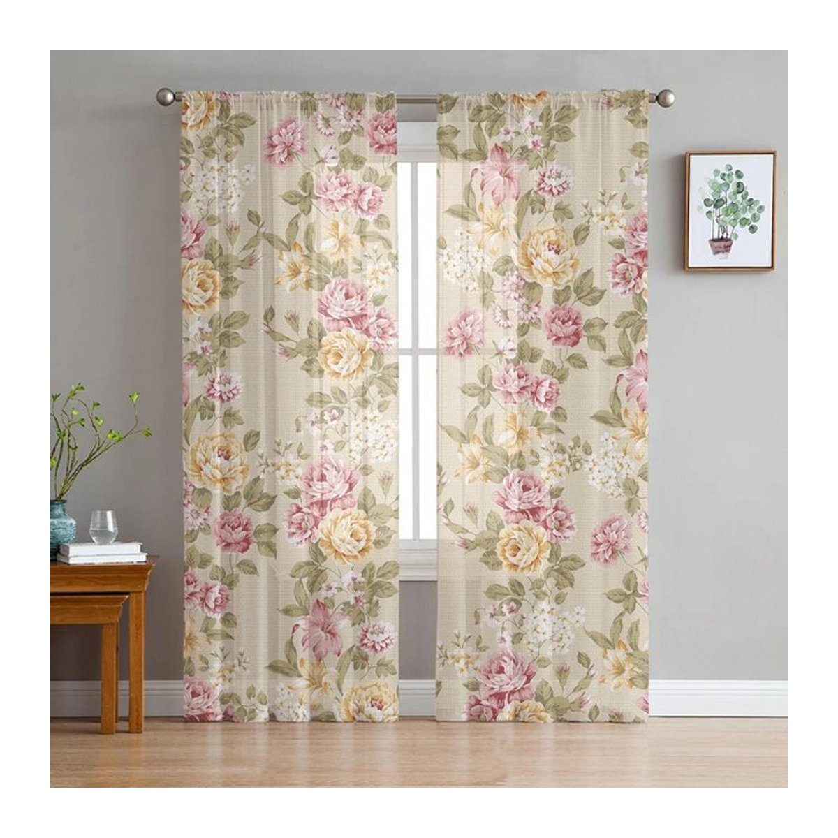 Bouquet Rose Sheer Voile Vorhänge in Gelb und Rosa für Wohnzimmer und Schlafzimmer, Breite: 135 cm, Höhe: 137 cm - Bild 1