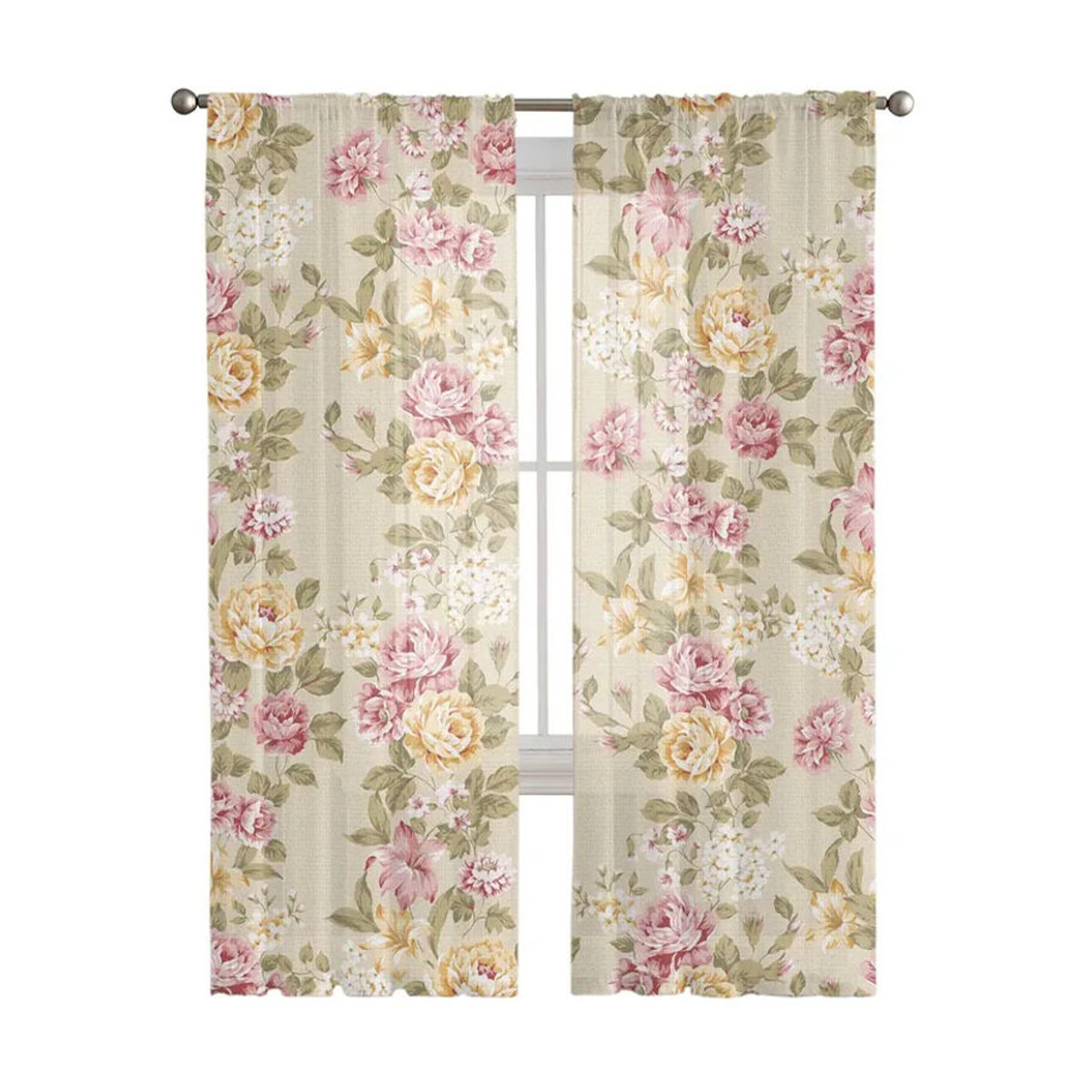 Bouquet Rose Sheer Voile Vorhänge in Gelb und Rosa für Wohnzimmer und Schlafzimmer, Breite: 135 cm, Höhe: 137 cm - Bild 2