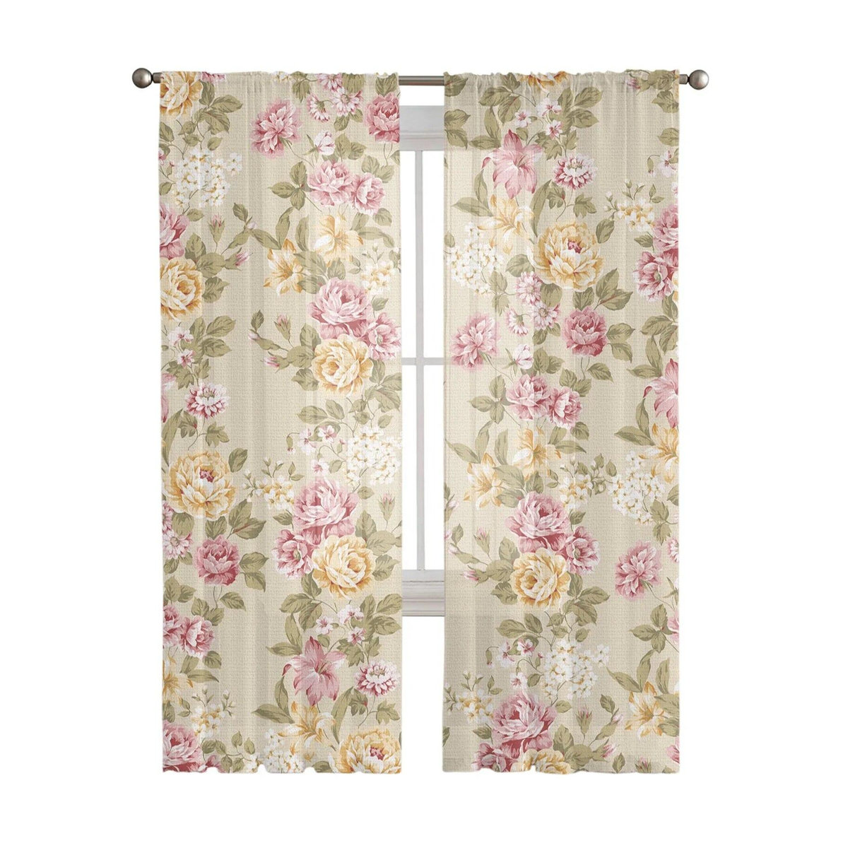 Bouquet Rose Tüll Vorhänge in Gelb und Rosa für Wohnzimmer und Schlafzimmer, Sheer Voile Fensterdekoration, Breite: 135 cm, Höhe: 244 cm - Bild 1