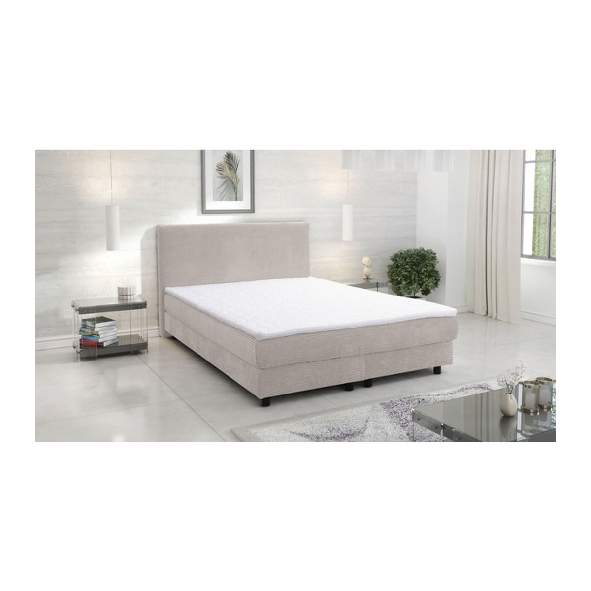 Boxspringbett Glenn Hotelbett mit Topper aus Cordstoff in Beige, B/T: 140 x 200 cm - Bild 1