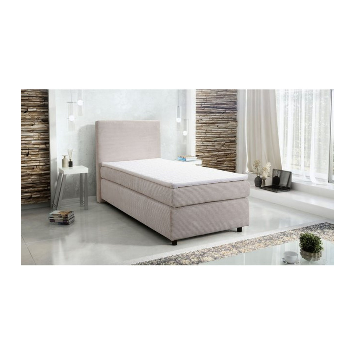 Boxspringbett Hotelbett Paxos mit Bonellfederkern und Topper in Beige Cordstoff B/T/H: 90 x 200 cm - Bild 1