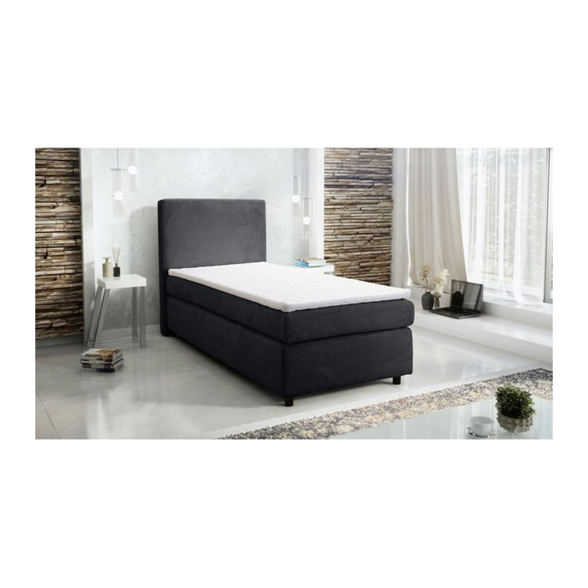 Boxspringbett Hotelbett Paxos mit Bonellfederkern und Topper in Grau Cordstoff B/T/H: 90 x 200 cm - Bild 1