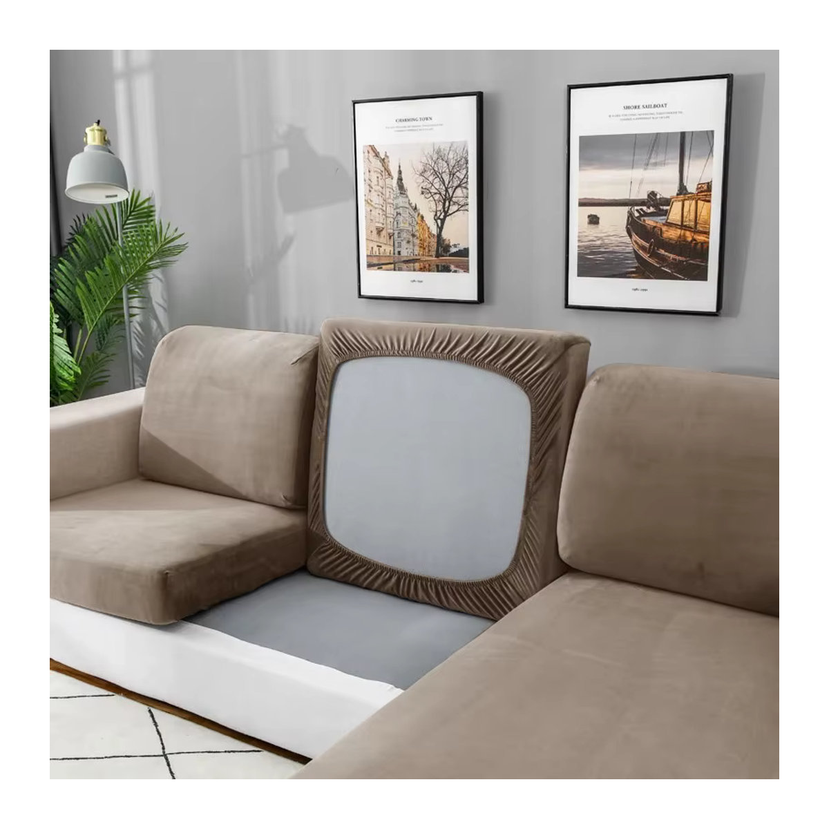 BRHUIXUE Elastische Samt Sofa Sitzkissenbezüge für Wohnzimmer und Chaiselongue in Grau und Braun - Bild 1