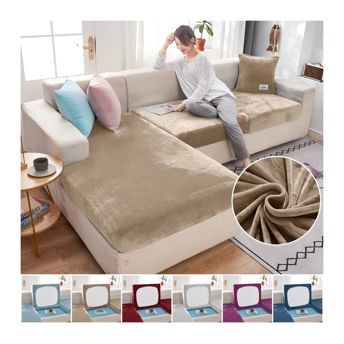 BRHUIXUE Elastische Samt Sofa Sitzkissenbezüge für Wohnzimmer und Chaiselongue in Grau und Braun - Bild 5