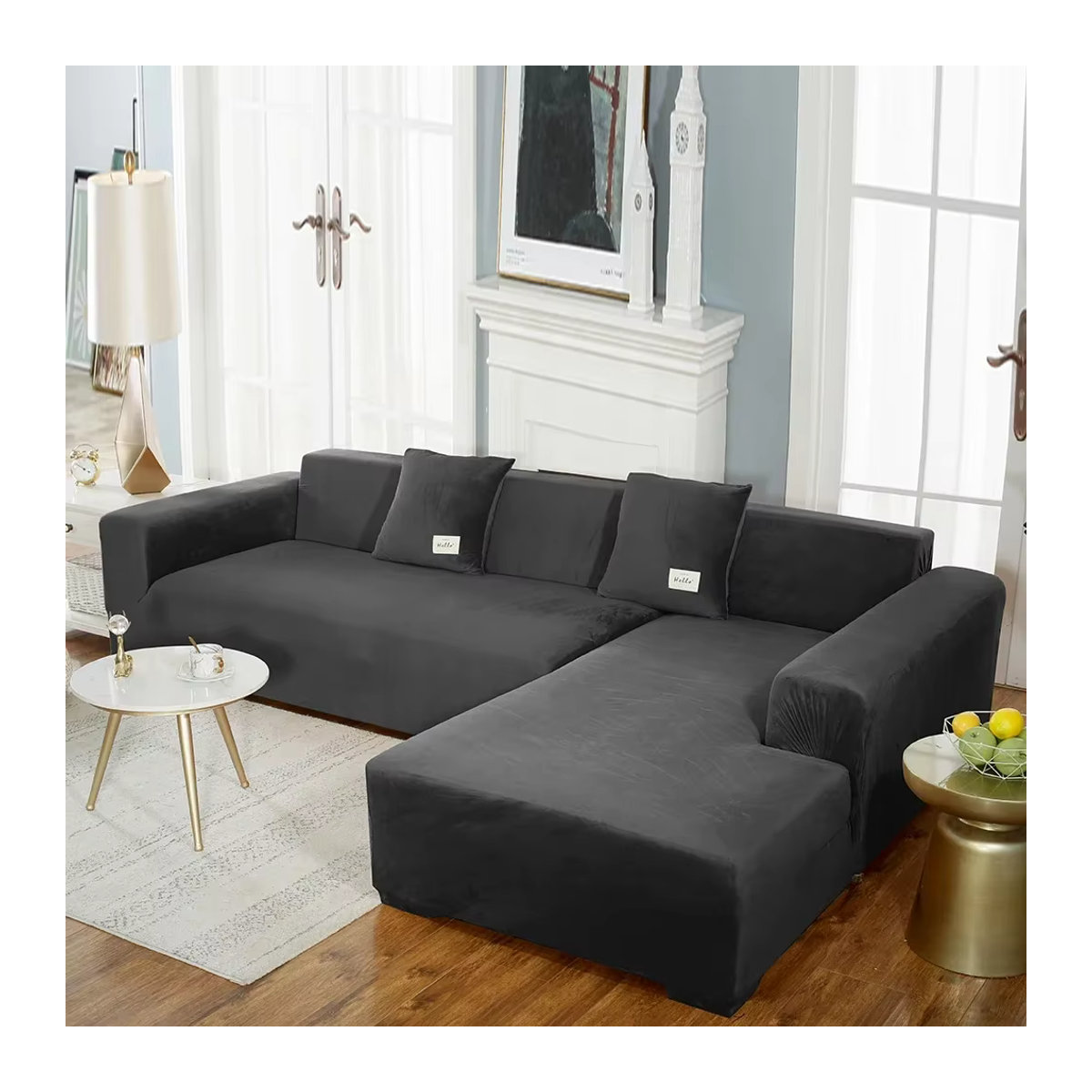 BRHUIXUE Elastischer Samt-Sofabezug als Schonbezug für L-förmige Sofas, Sessel und Chaiselongues in Braun oder Grau - Bild 2