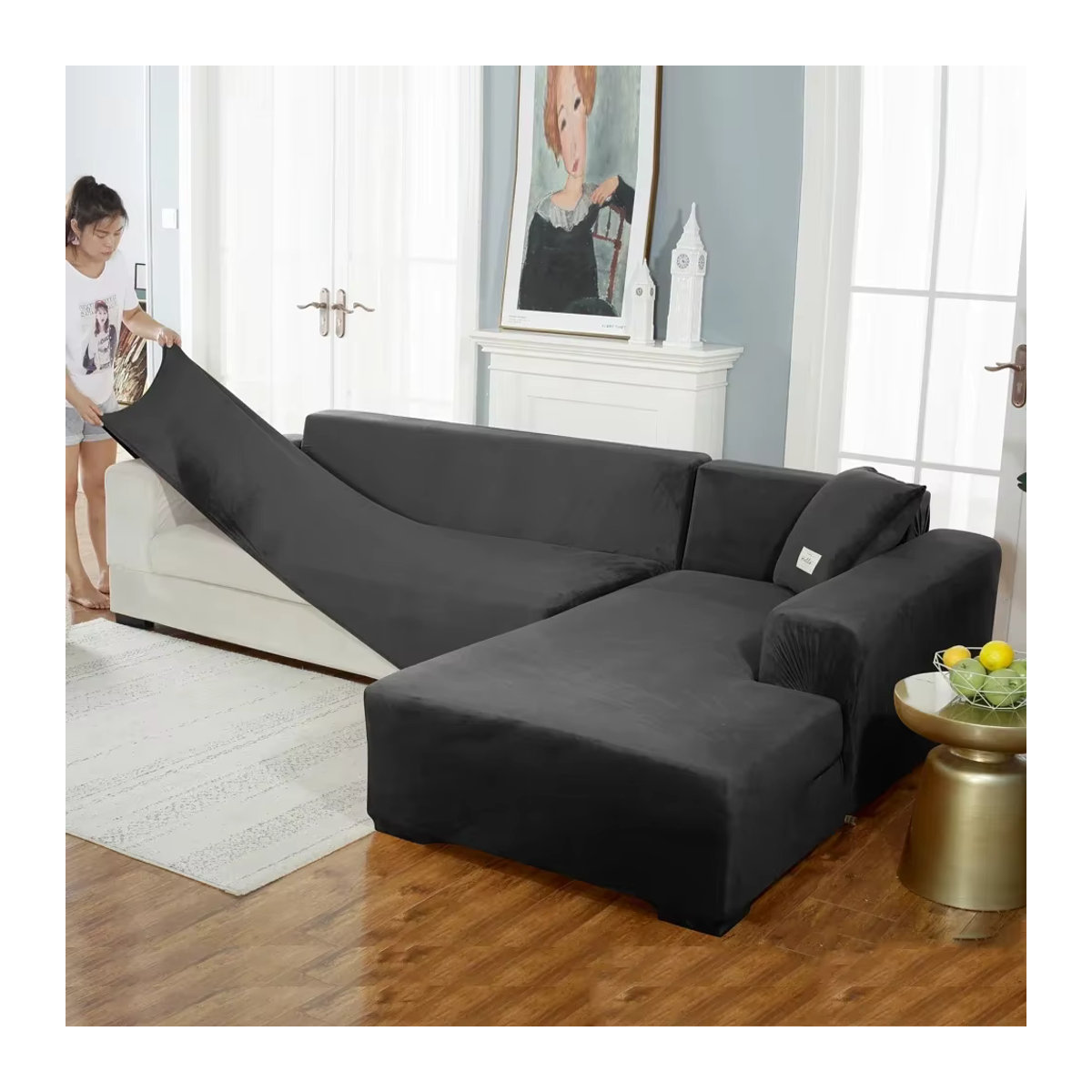 BRHUIXUE Elastischer Samt-Sofabezug als Schonbezug für L-förmige Sofas, Sessel und Chaiselongues in Braun oder Grau - Bild 4