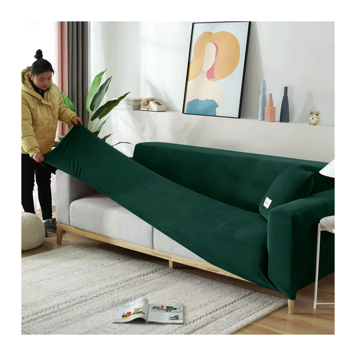 BRHUIXUE Samt Sofa Abdeckungen aus elastischem Spandex für Ecksofas und Sessel in Rosa oder Grün - Bild 2