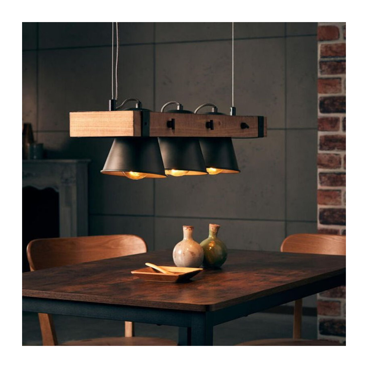 Brilliant Pendelleuchte Plow 3-flammig Schwarz aus Stahl und Holz B/H: 70 x 115 cm E27 - Bild 4