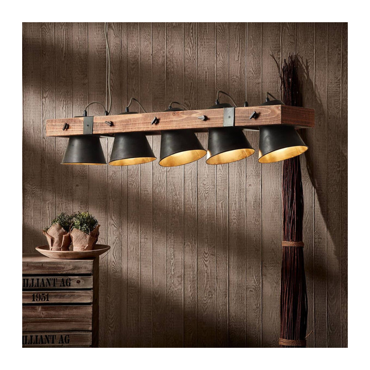 Brilliant Pendelleuchte Plow im Industrial Landhausstil aus Metall und Holz in Schwarz und Braun, E27, 5 Brennstellen, B/T/H: 95 x 20 x 115 cm - Bild 2