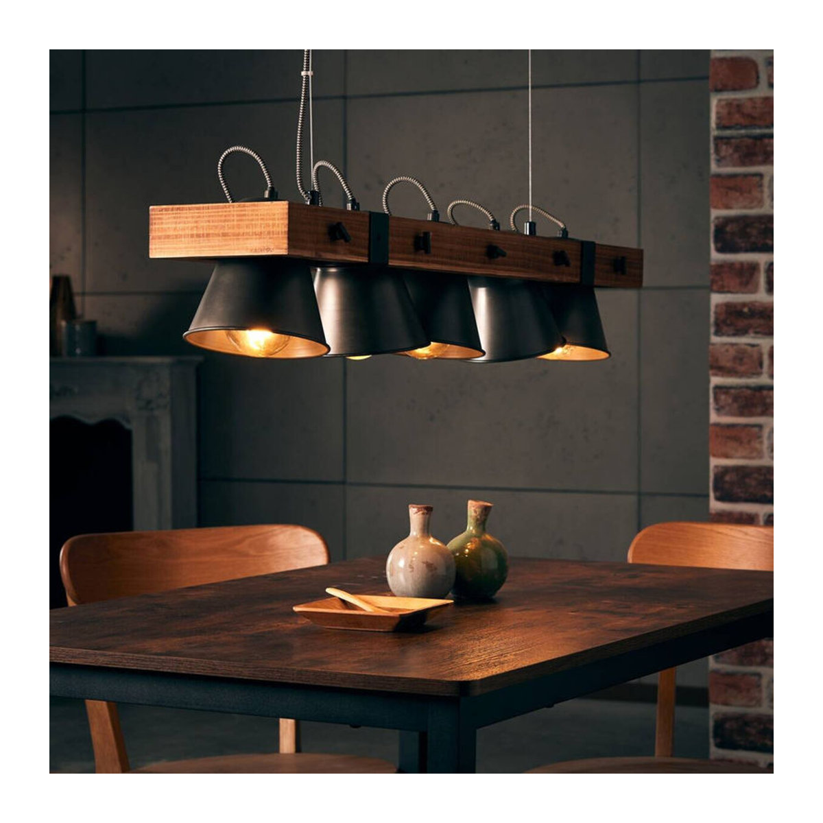 Brilliant Pendelleuchte Plow im Industrial Landhausstil aus Metall und Holz in Schwarz und Braun, E27, 5 Brennstellen, B/T/H: 95 x 20 x 115 cm - Bild 3