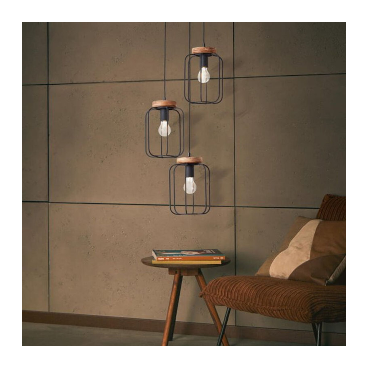Brilliant Tosh Pendelleuchte Industrial Holz Metall Schwarz Natur E27 B/H/T: 42 x 165 x 42 cm - Bild 3
