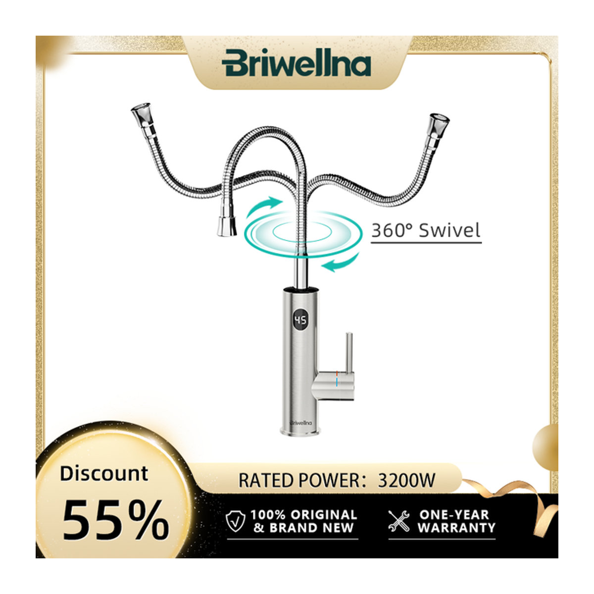 Briwellna Instant-Warmwasserhahn 2-in-1 Durchlauferhitzer aus Edelstahl mit universellem Auslauf 220 V - Bild 1