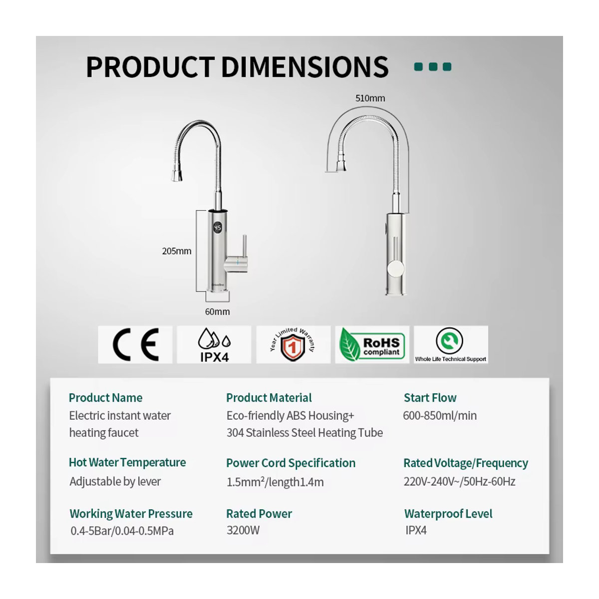 Briwellna Instant-Warmwasserhahn 2-in-1 Durchlauferhitzer aus Edelstahl mit universellem Auslauf 220 V - Bild 6