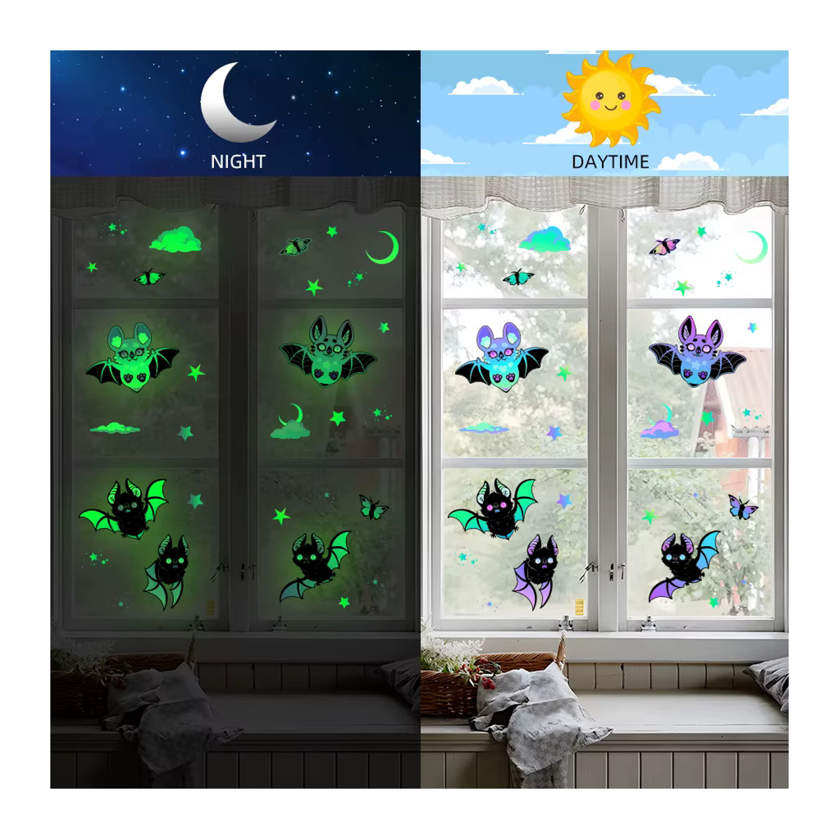 BRUP Im Dunkeln leuchtende Fensteraufkleber mit Fledermaus- und Sternen-Motiven in Grün für Kinderzimmer und Schlafzimmer - Bild 2