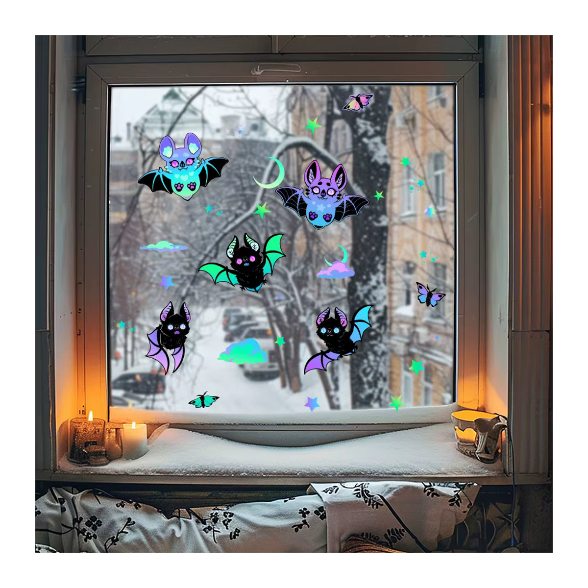 BRUP Im Dunkeln leuchtende Fensteraufkleber mit Fledermaus- und Sternen-Motiven in Grün für Kinderzimmer und Schlafzimmer - Bild 3