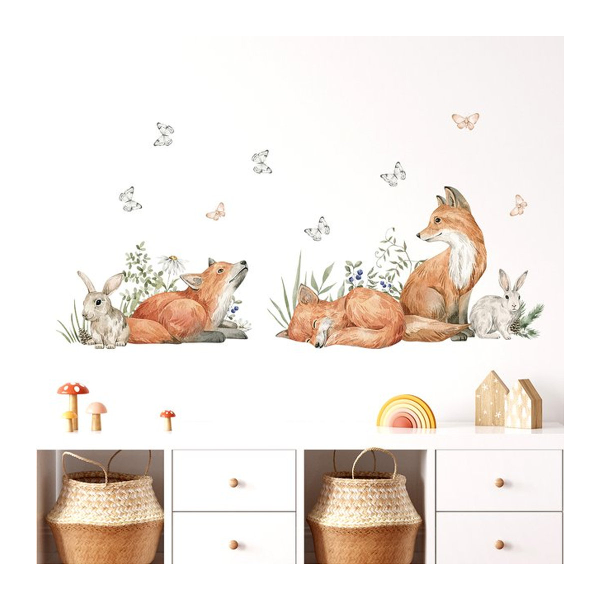 BRUP Wandtattoo Aquarell Fuchs und Kaninchen für Kinderzimmer und Schlafzimmer, mehrfarbig, skandinavischer Stil - Bild 1