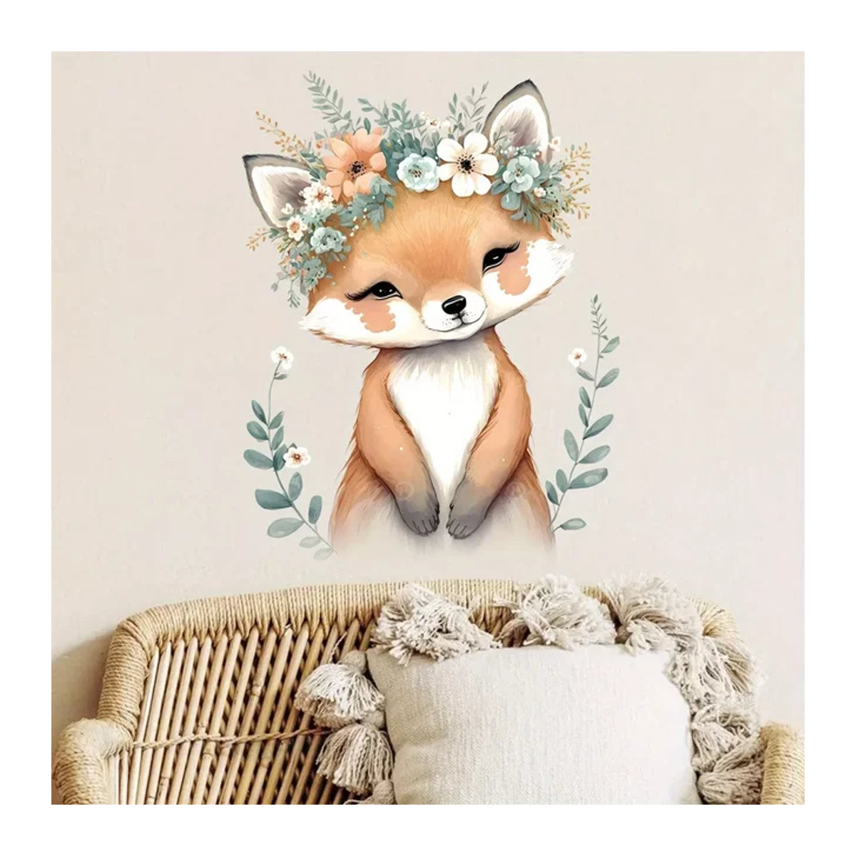 BRUP Wandtattoo Cartoon Fuchs mit Blumenkranz für Kinderzimmer und Schlafzimmer, mehrfarbig - Bild 1