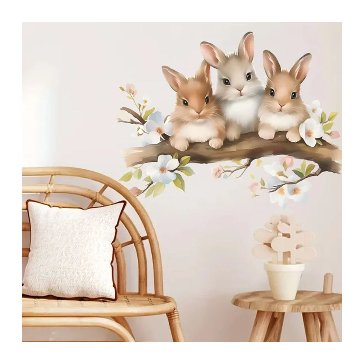 BRUP Wandtattoo mit Aquarell Blumen und Cartoon Kaninchen für Kinderzimmer und Babyzimmer, mehrfarbig - Bild 1