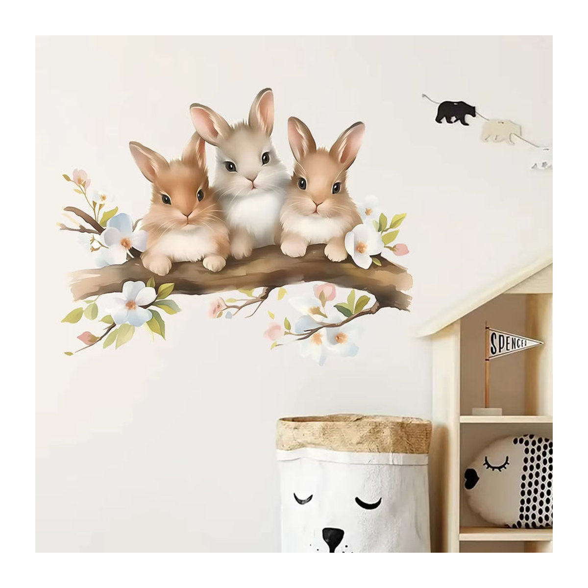 BRUP Wandtattoo mit Aquarell Blumen und Cartoon Kaninchen für Kinderzimmer und Babyzimmer, mehrfarbig - Bild 2