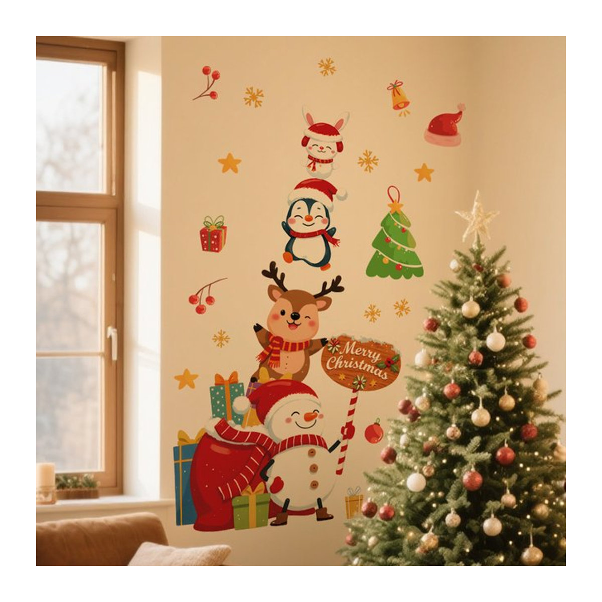 BRUP Weihnachten Wandaufkleber mit Cartoon Tieren aus PVC, mehrfarbige Wanddekoration für Kinder, Schlafzimmer und Wohnzimmer - Bild 1